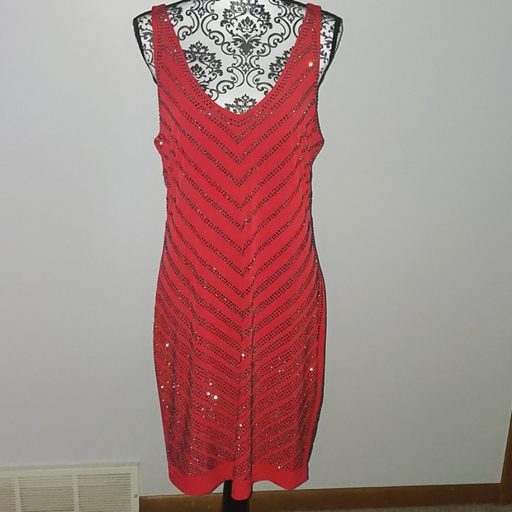 Cache Red Vneck Studded Dress
